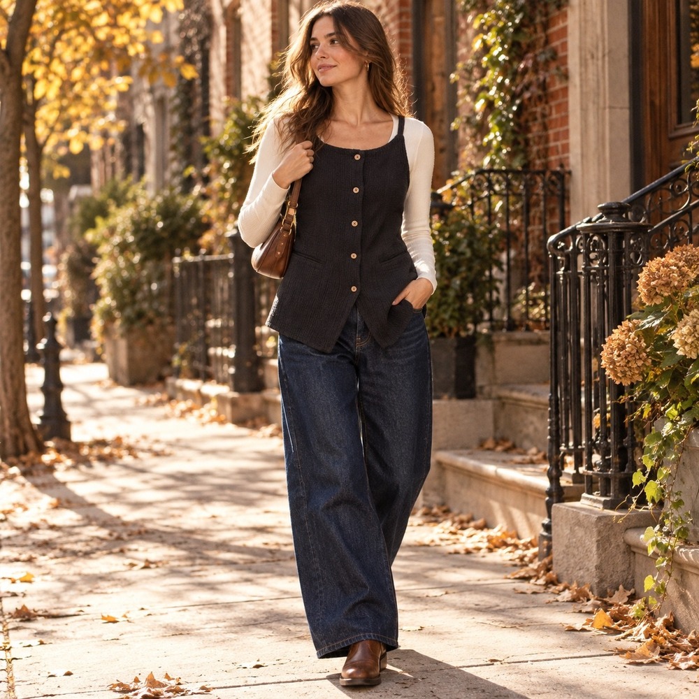 NWT Free People Free-est Black Gauze Textured Longline Button Vest M Boho